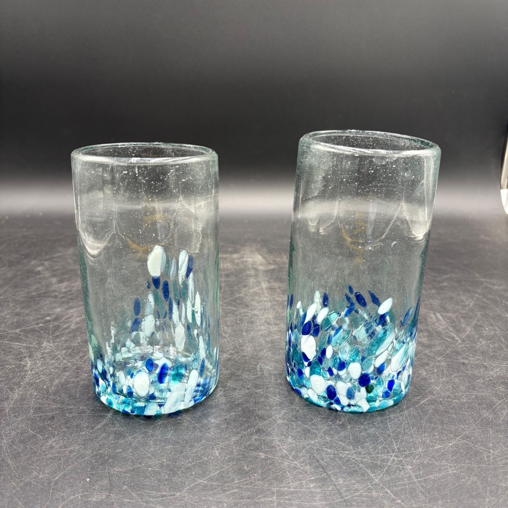 Hand Blown Mexican Confetti Glasses Blue White Pebble Highball Set of 2
